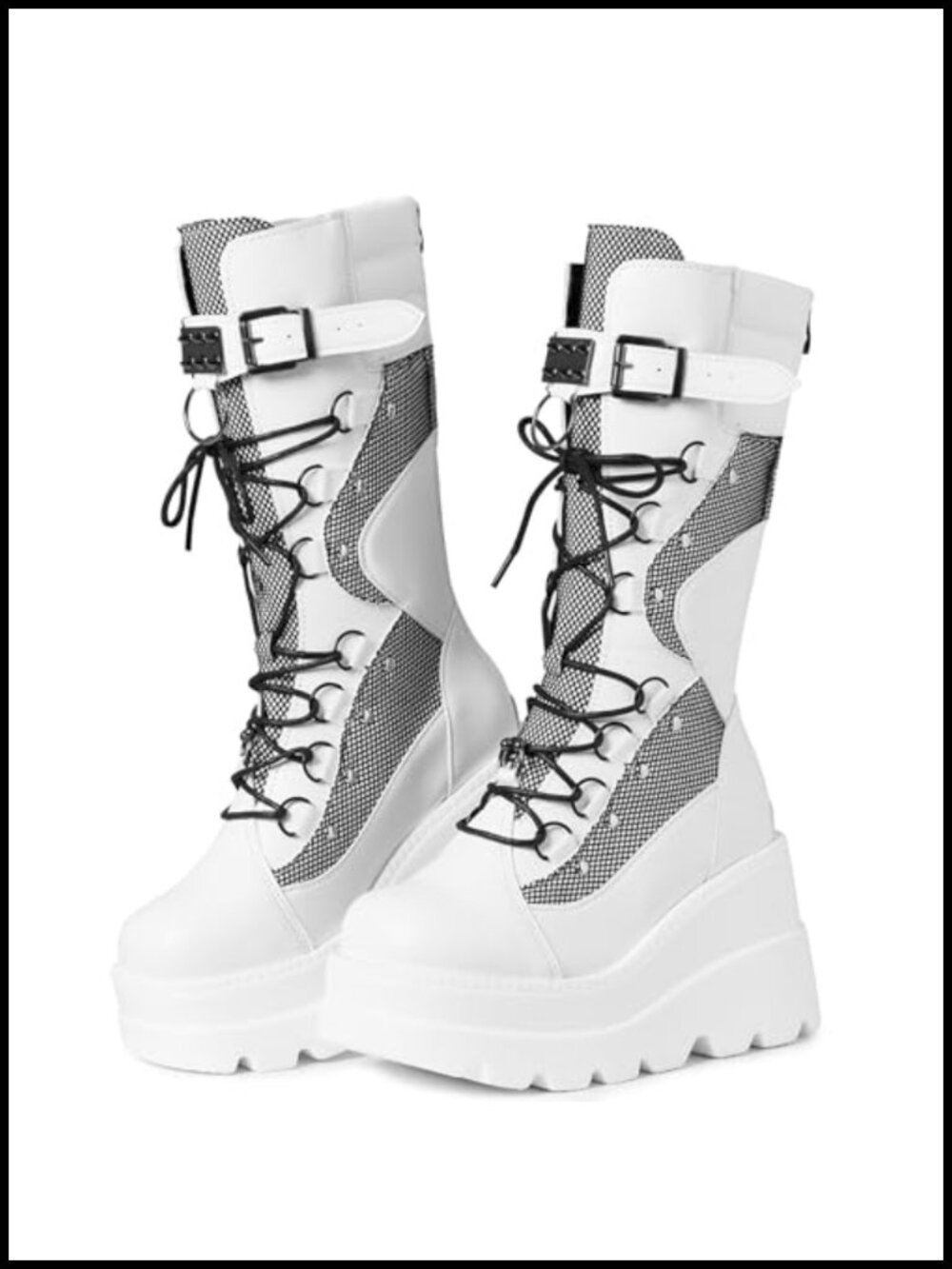 Goth Platform Mid Calf Boots for Women Chunky Heel Lace Up PU Leather Rave